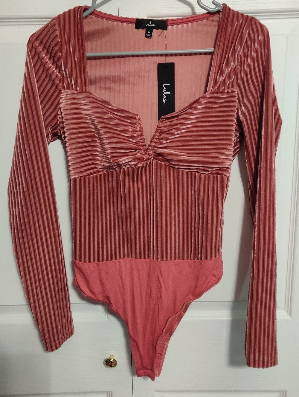 Lulus M Rusty Rose Bodysuit Velvet Long Sleeve Women's Blush Pink Ribbed Top